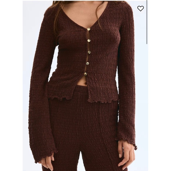 H&M Tops - H&M Textured Jersey Top Brown V-Neck Gold Button Front Long Sleeves Women's L